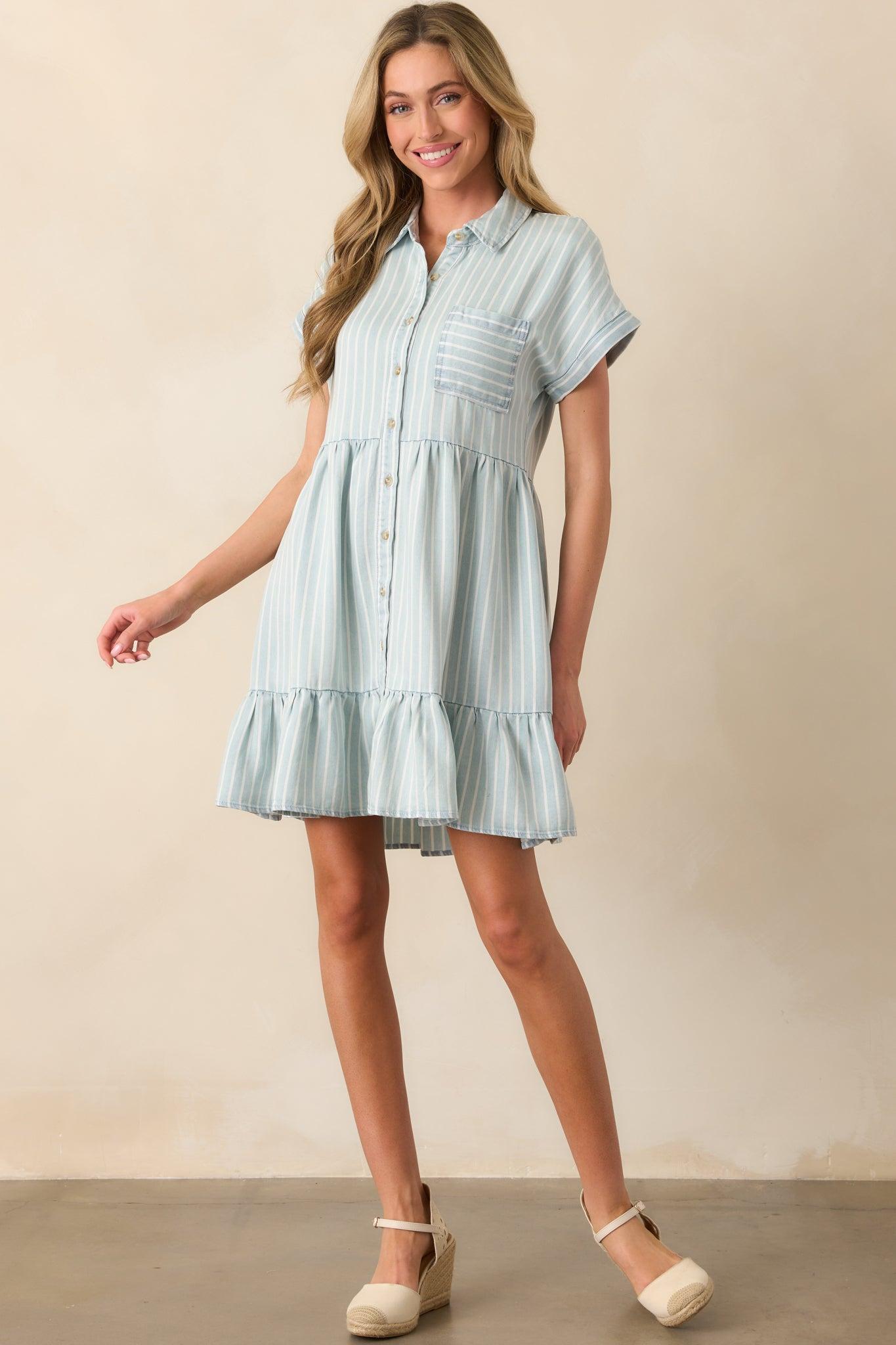 Whispering Waves Chambray Stripe Short Sleeve Mini Dress Product Image