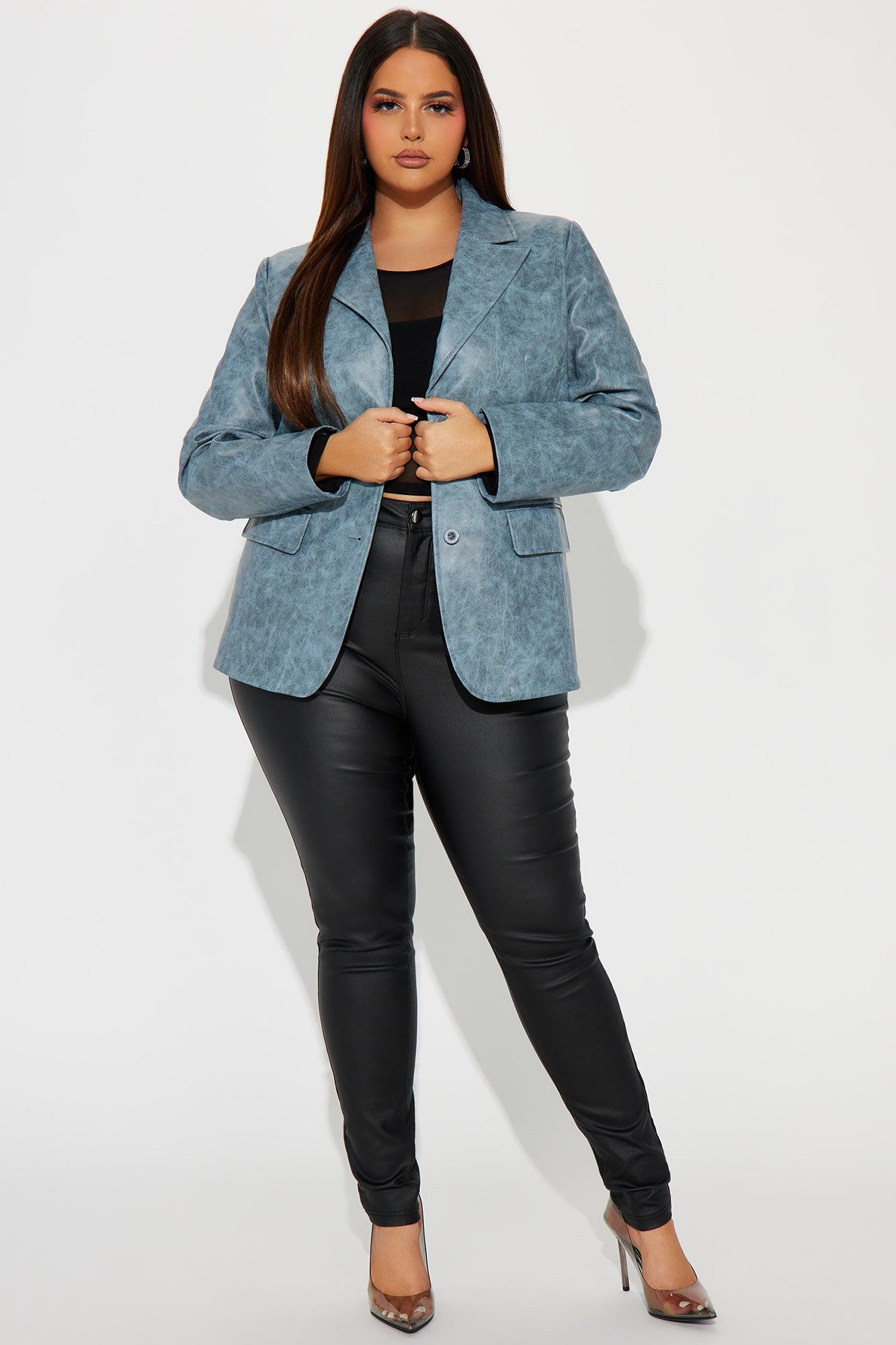 Blaire Washed Faux Leather Blazer - Blue Product Image