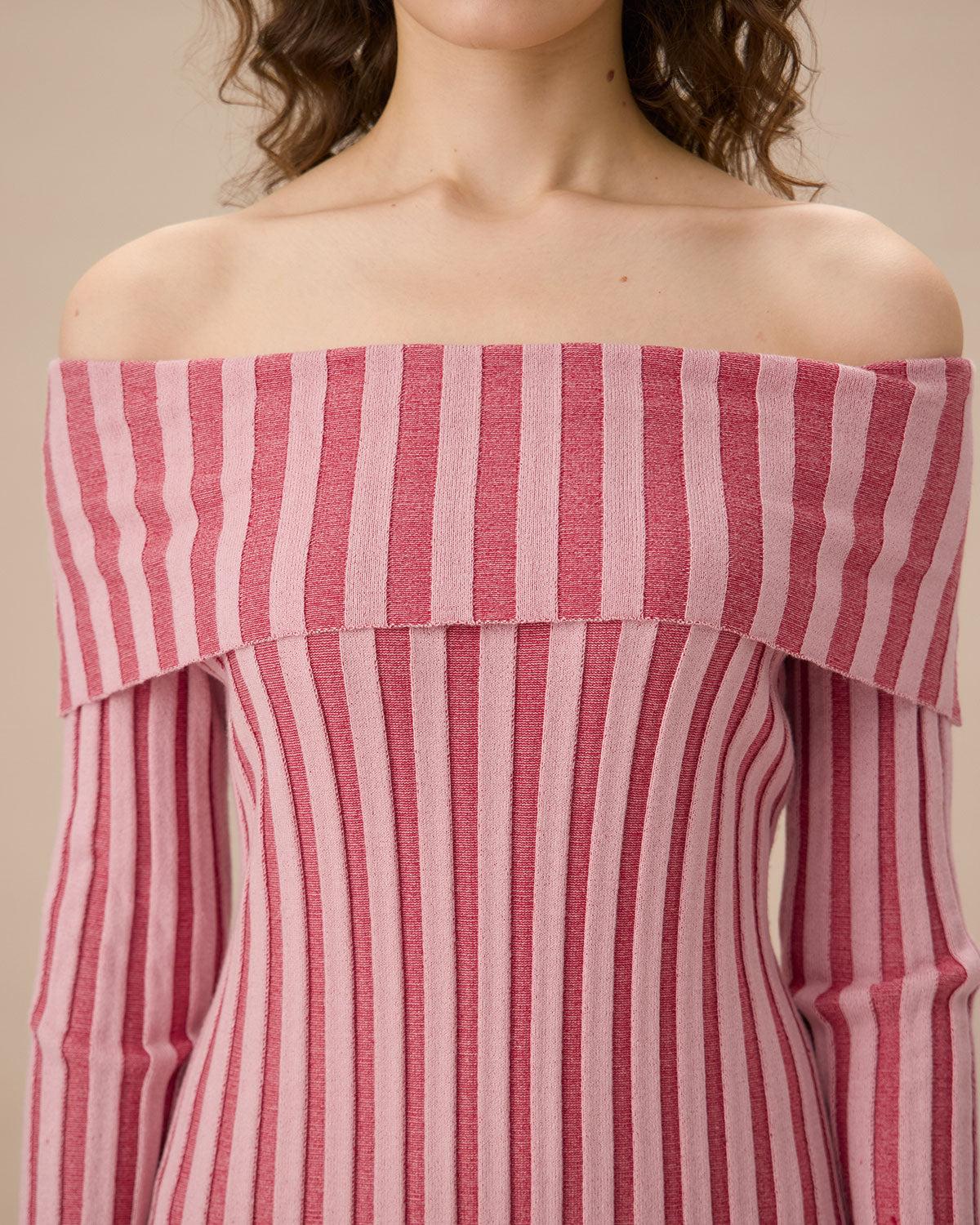 Pink Striped Off The Shoulder Bodycon Sweater Dress Product Image