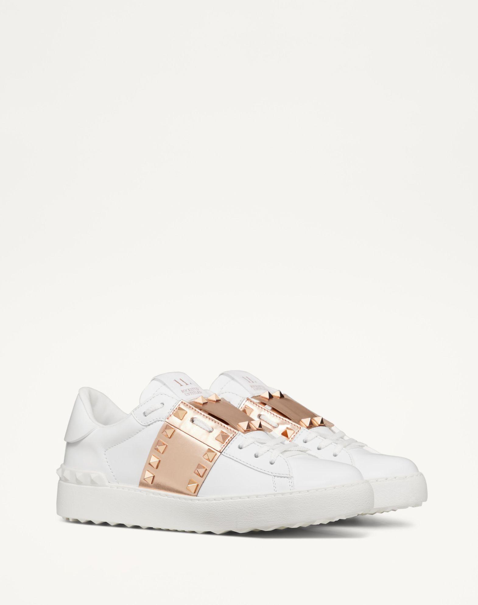 Rockstud Untitled Sneaker In Calfskin Leather With Metallic Stripe Product Image