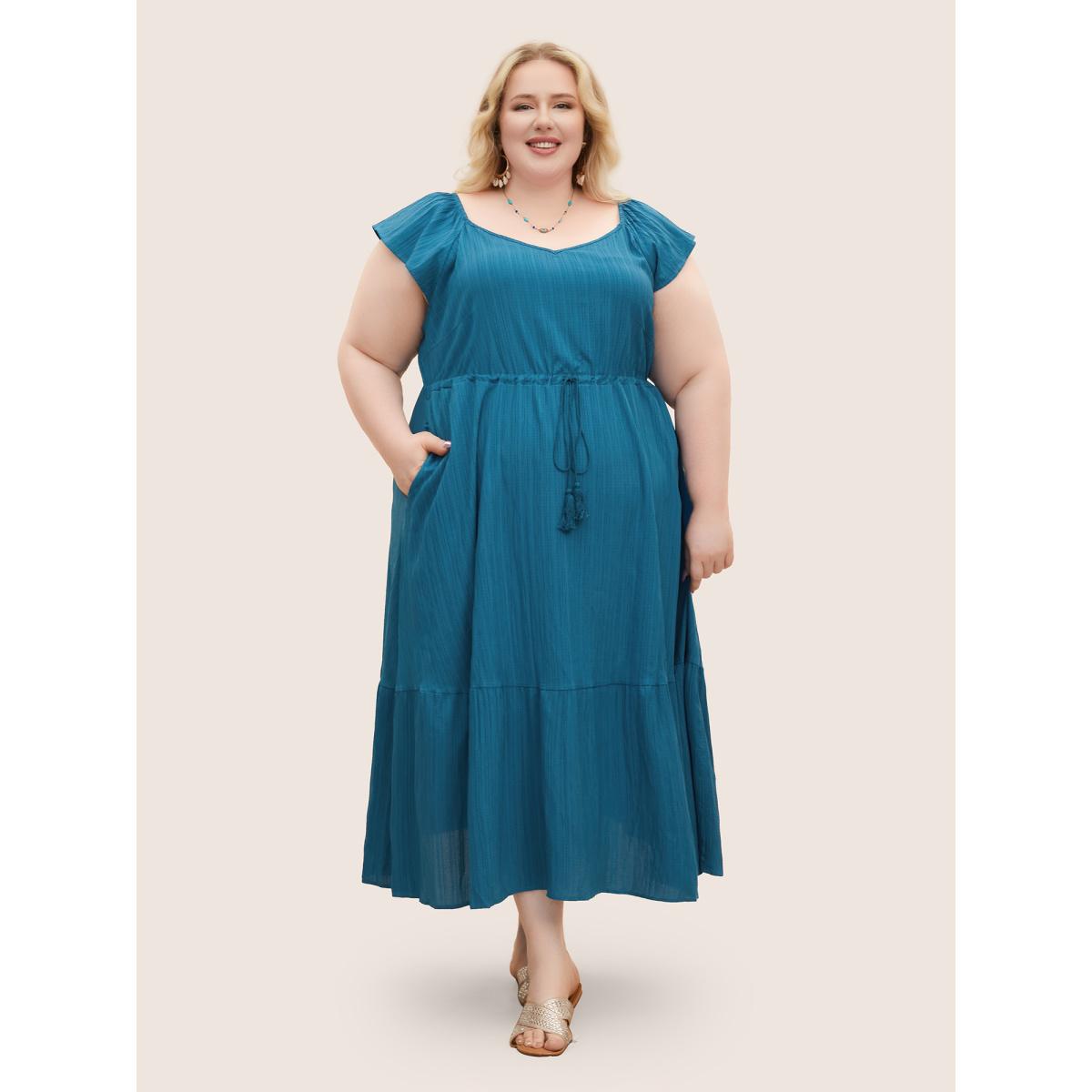 Plus Size Texture Drawstring Tie Knot Tassels Dress Cerulean Women Resort Tie knot V-neck Cap Sleeve Curvy BloomChic 22-24/3X Product Image