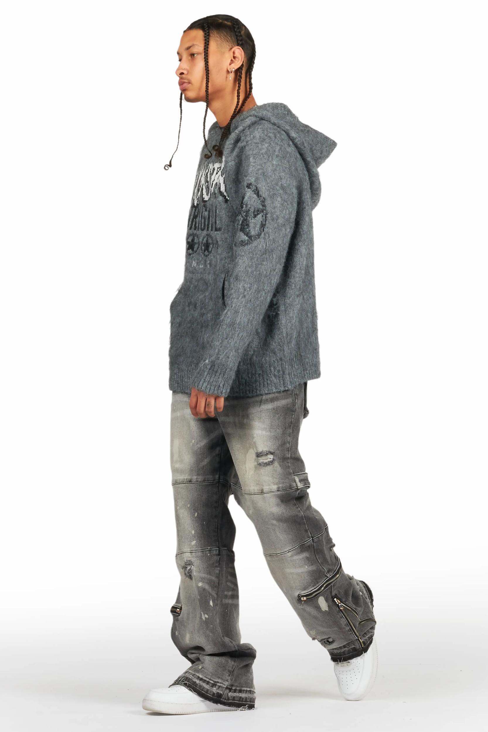 Wizzurd Grey Graphic Knitted Mohair Hoodie Male Product Image