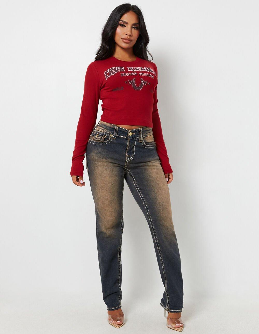 TRUE RELIGION Western Logo Womens Rib Baby Tee - BURGUNDY Product Image