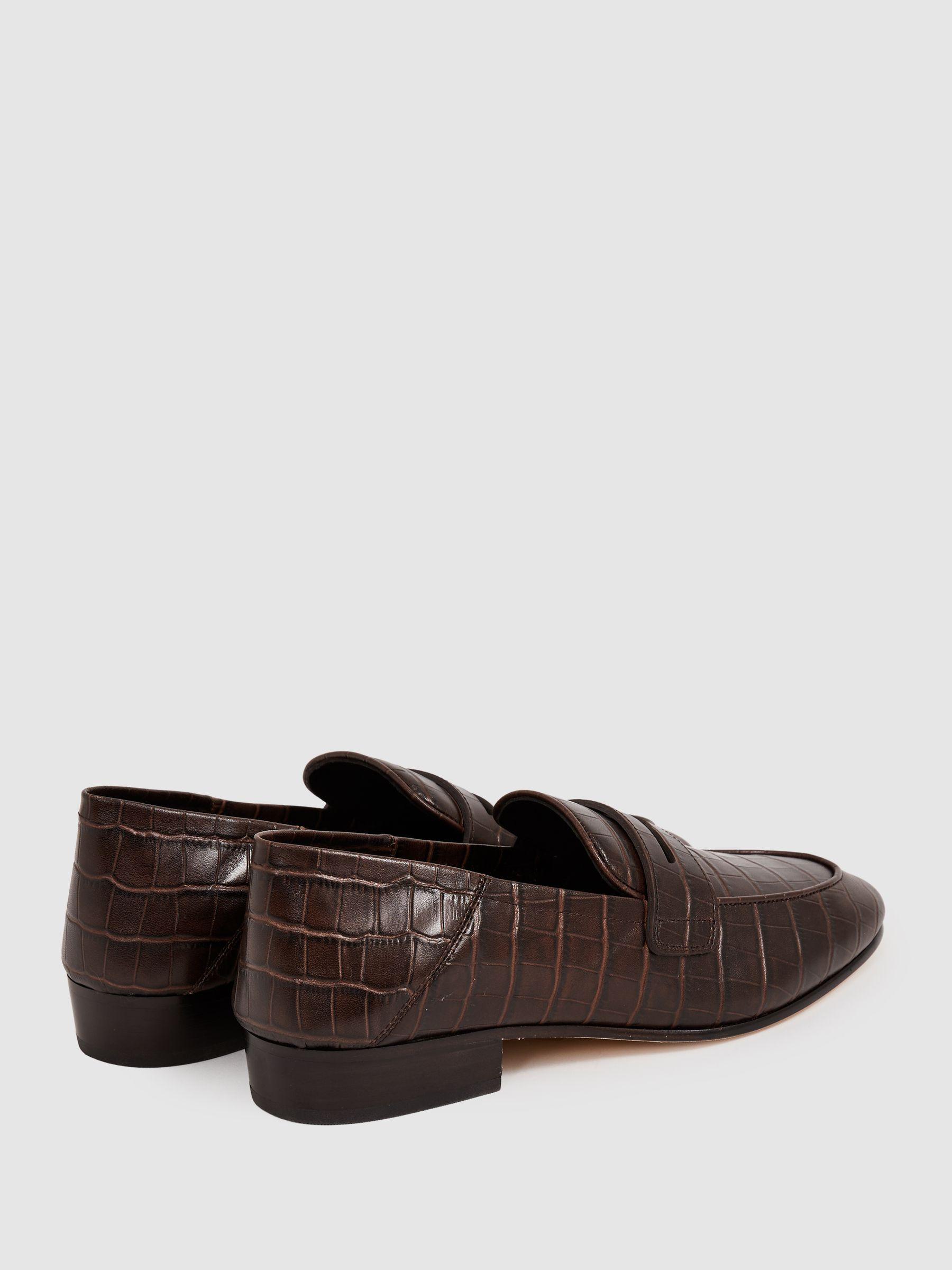 Paige Leather Crocodile-Embossed Penny Loafers in Chocolate Product Image