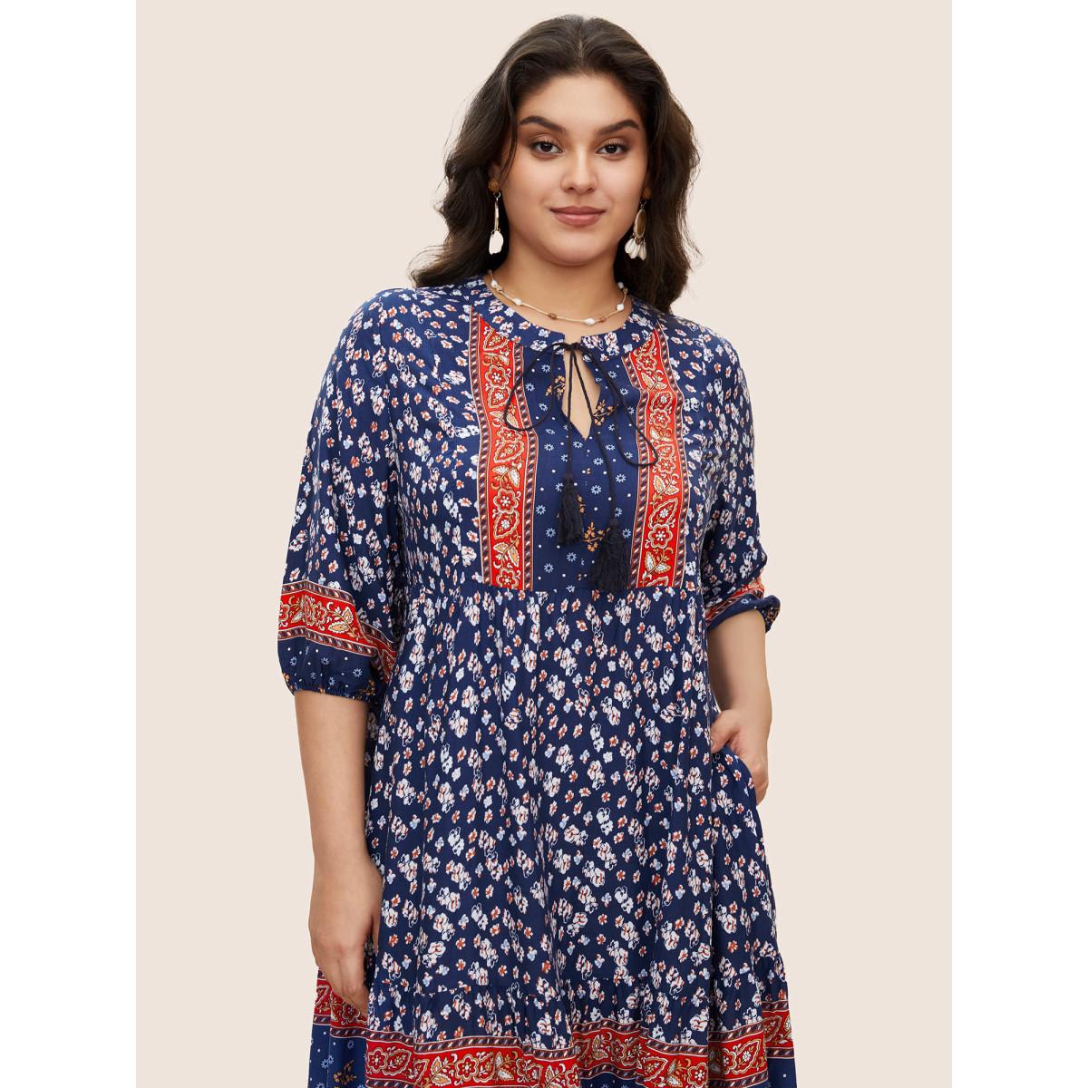 Plus Size Bandana Tassels Lantern Sleeve Ruffle Pocket Keyhole Neck Dress Blue Women Resort V-neck Elbow-length sleeve Curvy Midi Dress BloomChic 28/5X Product Image