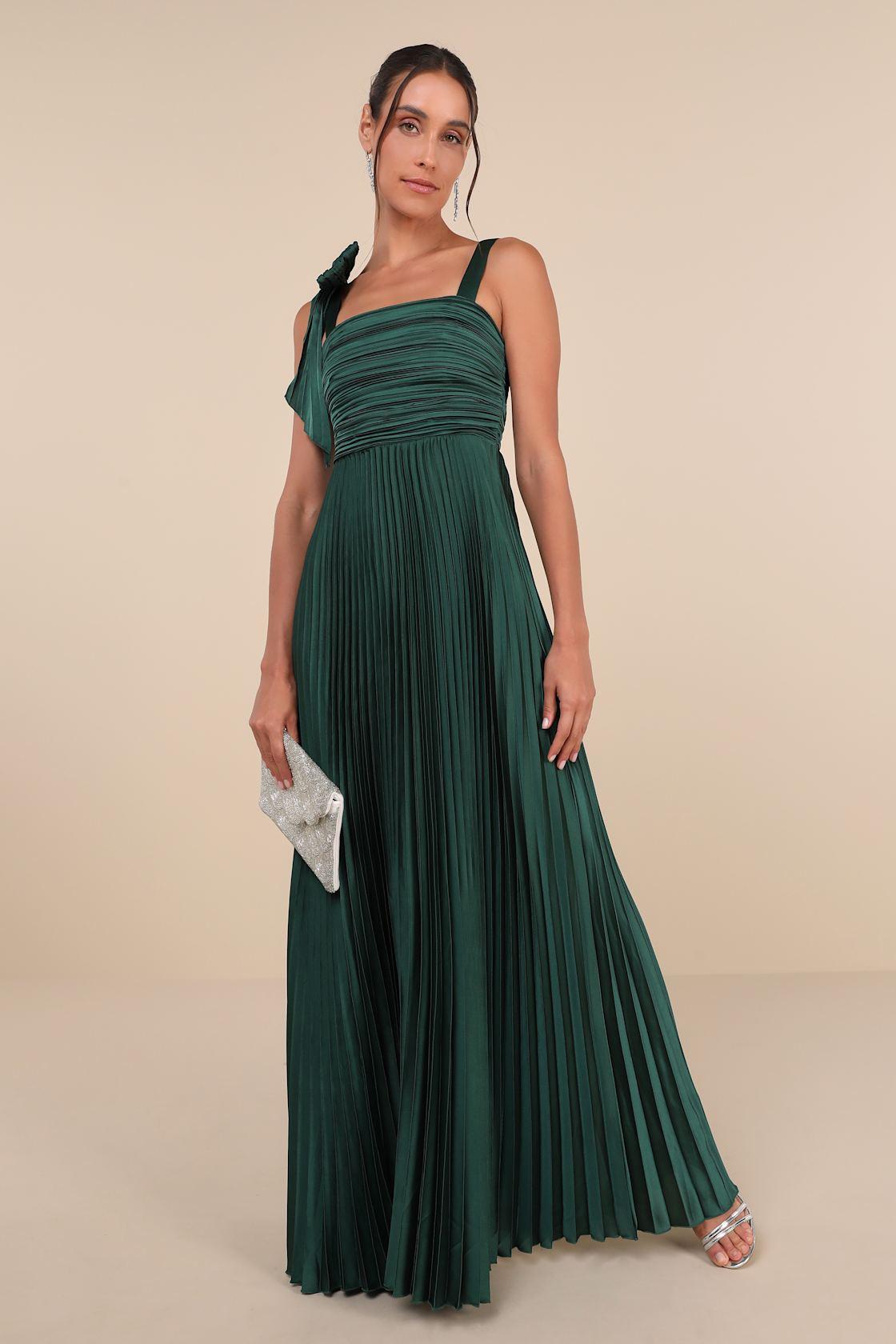 Gorgeous Purpose Emerald Satin Pleated Sleeveless Bow Maxi Dress Product Image
