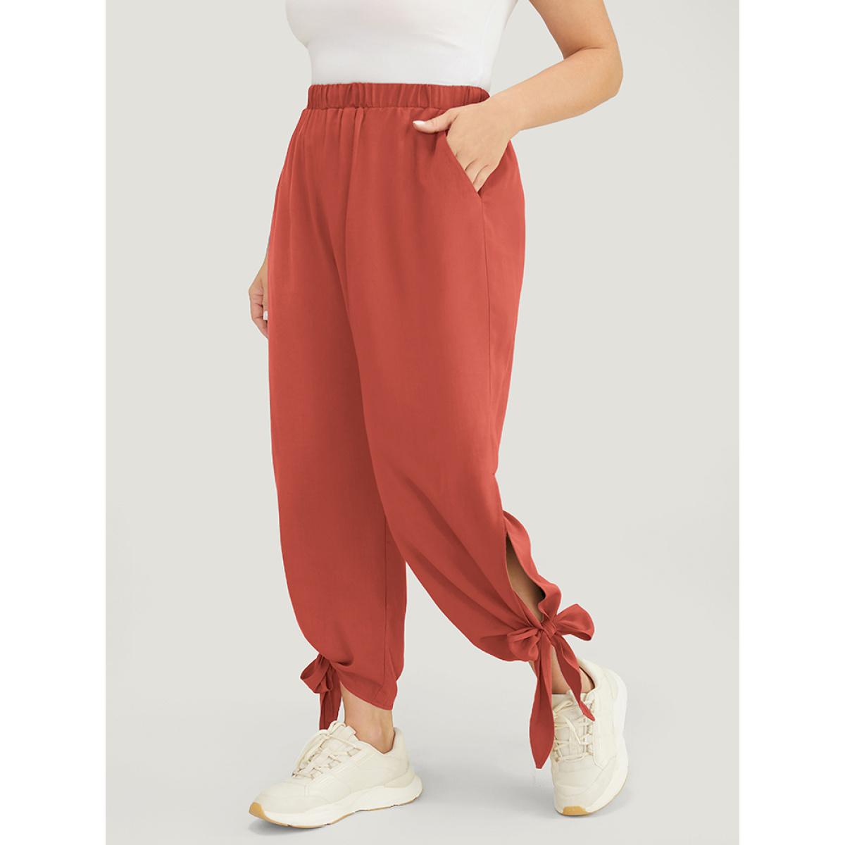 Plus Size Solid Knotted Split Hem Pocket Pants Women Rust Casual Loose High Rise Dailywear Pants BloomChic 14-16/1X Product Image