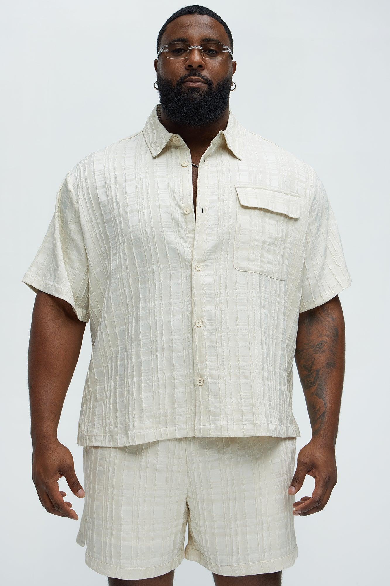 Plaid Crinkle Closed Collar Shirt - Off White Product Image