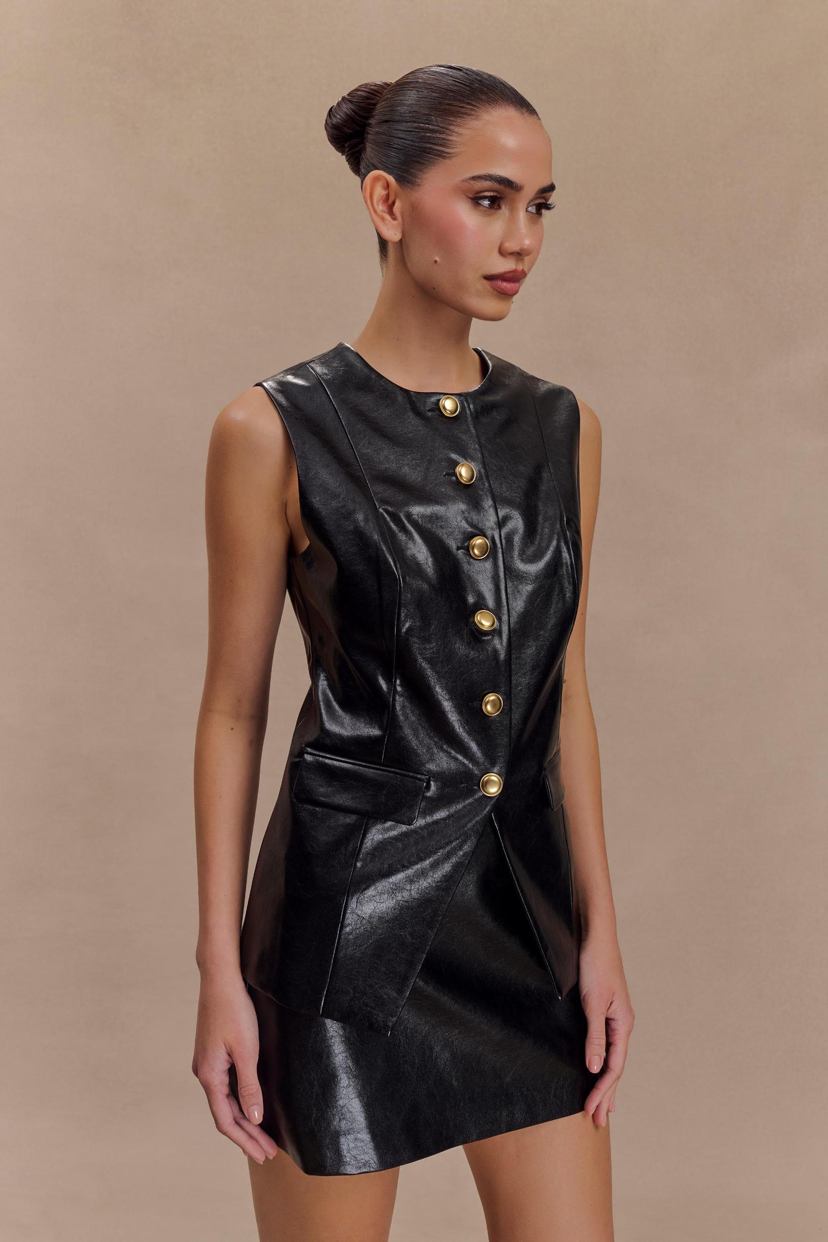 Coralia Faux Leather Sleeveless Vest - Black Product Image