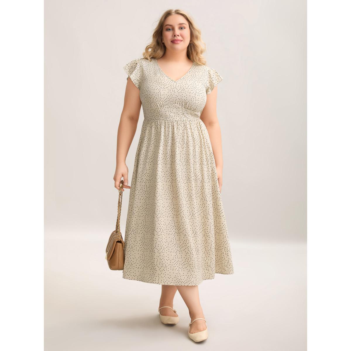 Plus Size Polka Dot Ruffled Bust-Defining Maxi Dress Beige Women At the Office Ruffles V-neck Cap Sleeve Curvy BloomChic 12/L Product Image