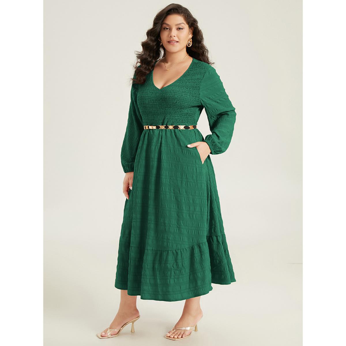 Plus Size Solid Shirred Plisse Flutter Hem Dress DarkGreen Women Elegant Elastic cuffs V-neck Long Sleeve Curvy Midi Dress BloomChic 26/4X Product Image