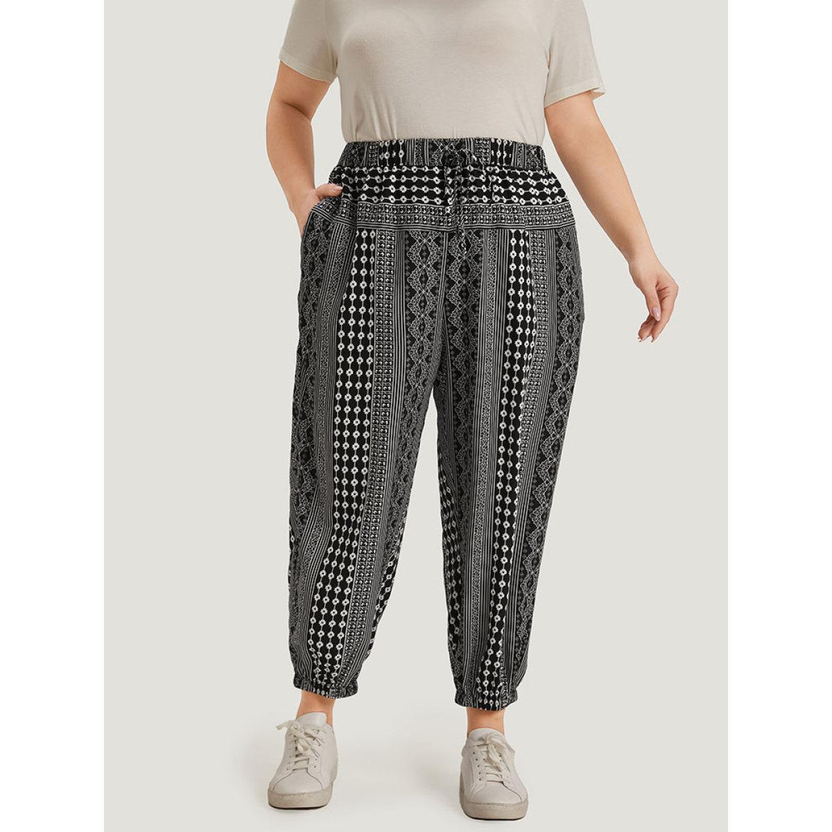 Plus Size Moroccan Print Pocket Elastic Waist Ties Pants Women Black Casual High Rise Dailywear Pants BloomChic 22-24/3X Product Image