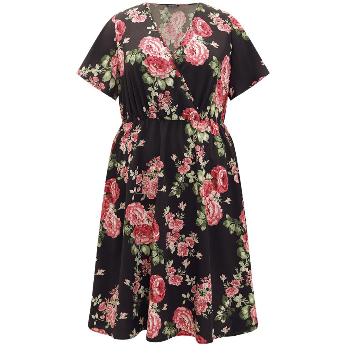 Plus Size Floral Print Ruffle Sleeve Pocket V Neck Wrap Dress BlackFlower Women Elegant Printed V-neck Short sleeve Curvy Midi Dress BloomChic 14-16/1X Product Image