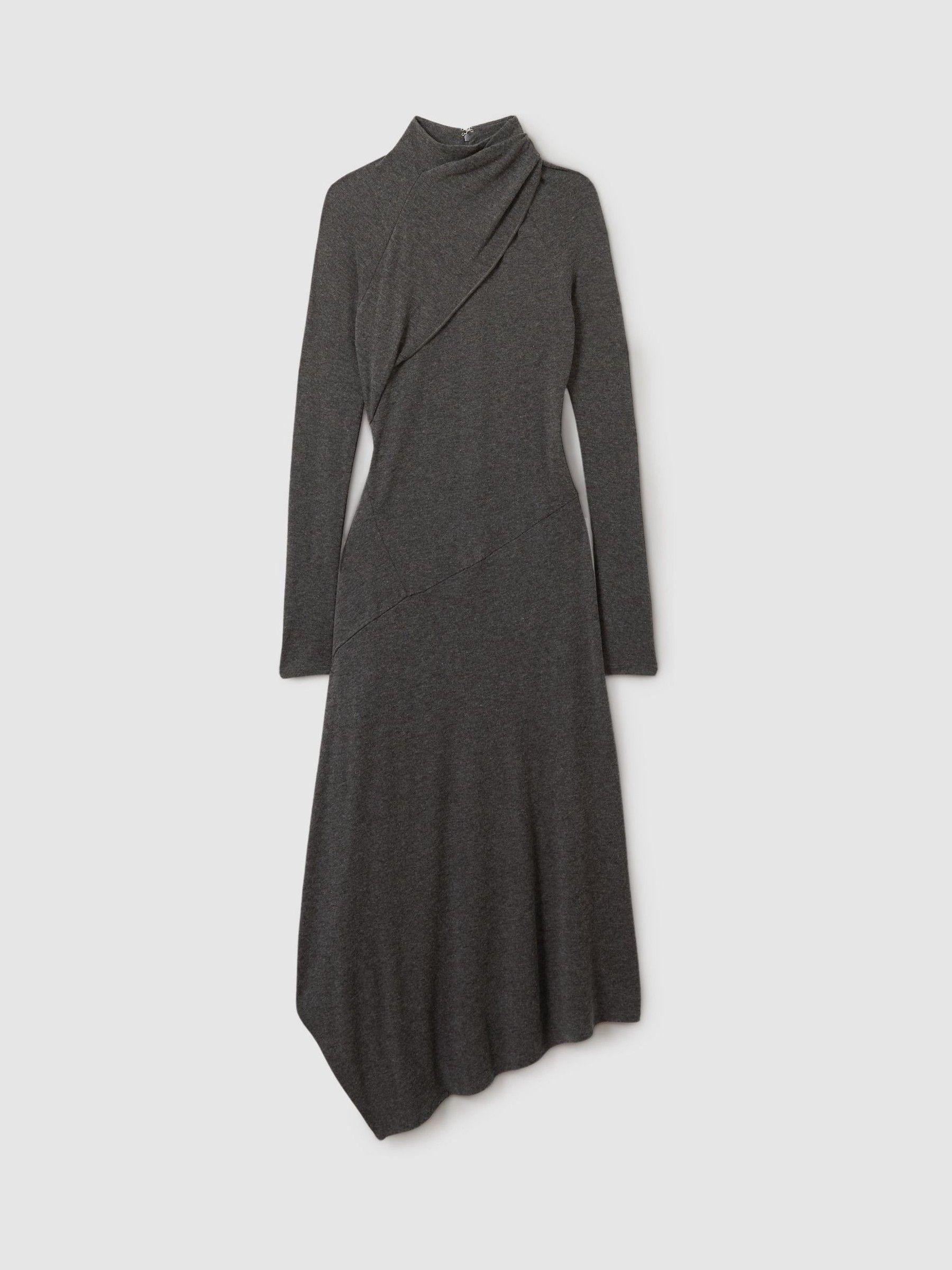 Jersey Drape Asymmetric Midi Dress in Grey Product Image