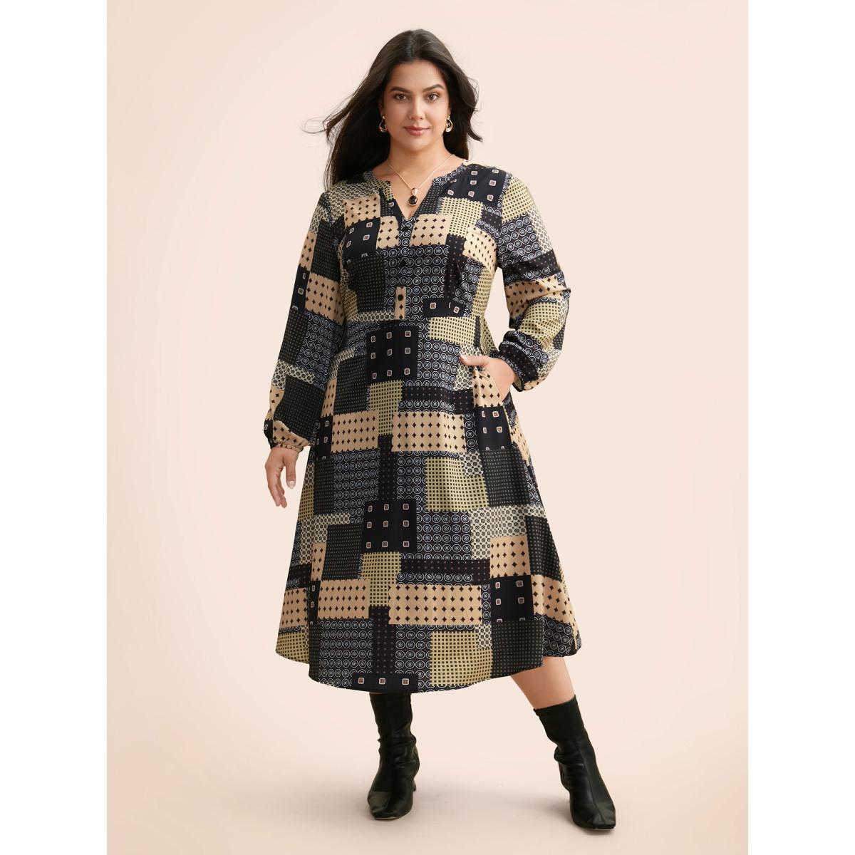 Plus Size Colorblock Contrast Notched Lantern Sleeve Dress Multicolor Women At the Office Button Flat collar with V-notch Long Sleeve Curvy BloomChic 22-24/3X Product Image