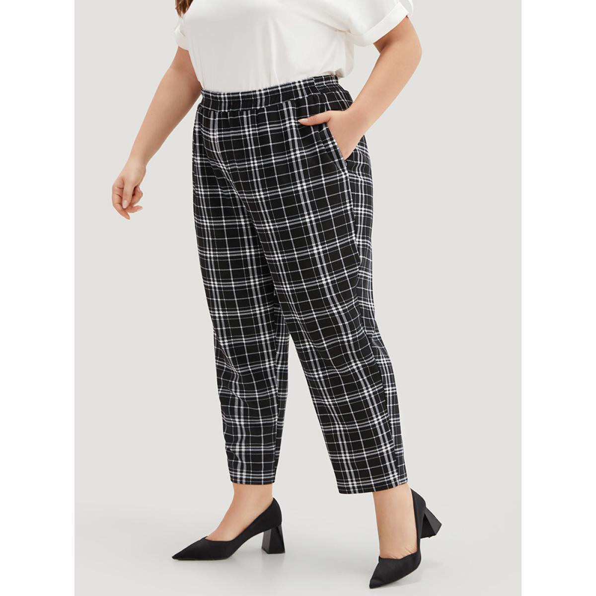 Plus Size Plaid Elastic Waist Straight Leg Pants Women Black Work From Home Straight Leg High Rise Work Pants BloomChic 22-24/3X Product Image
