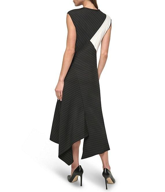 DKNY by Donna Karan Woven Colorblock Stripe Print Crew Neck Sleeveless Fit and Flare Midi Dress Product Image