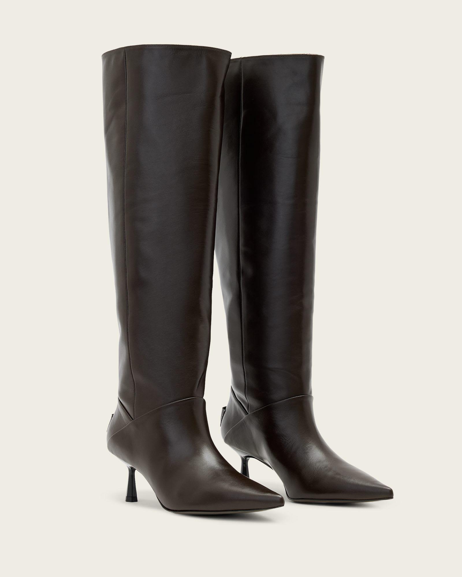 Odyssey Knee High Leather Boots Brown | ALLSAINTS US Product Image
