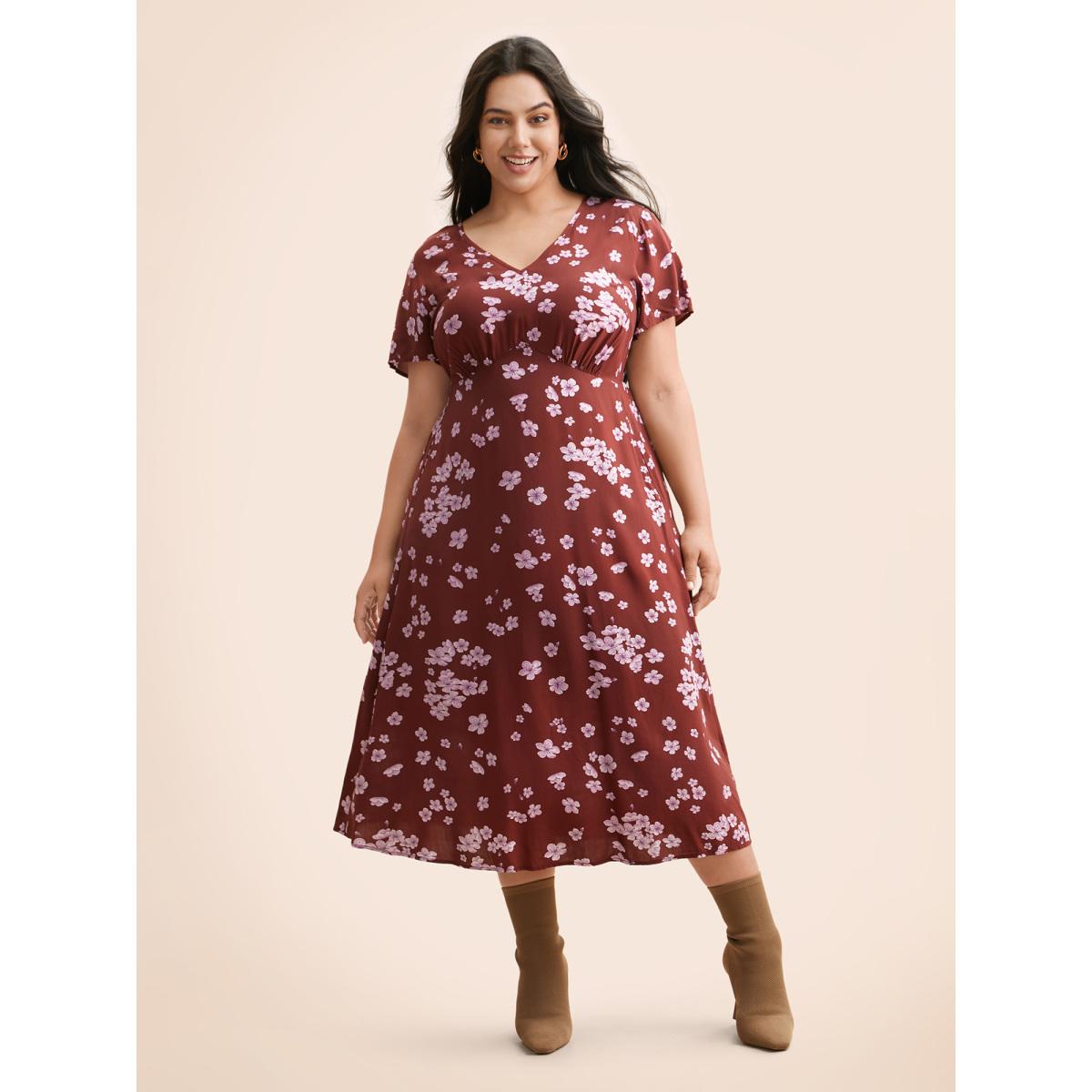 Plus Size Floral V Neck Gathered Midi Dress Burgundy Women Elegant Gathered V-neck Short sleeve Curvy BloomChic 28/5X Product Image