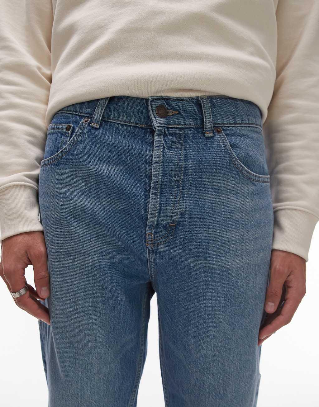Topman rigid straight leg carpenter jeans in mid wash blue | ASOS Product Image