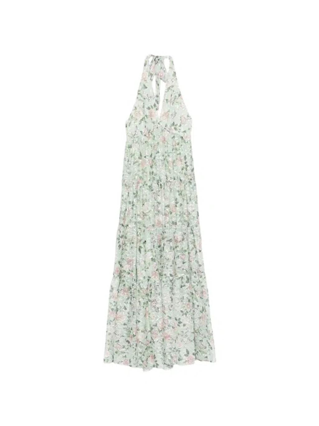 ALICE AND OLIVIA Maura Embroidered Deep V Halter Tiered Maxi Dress In Multi Product Image