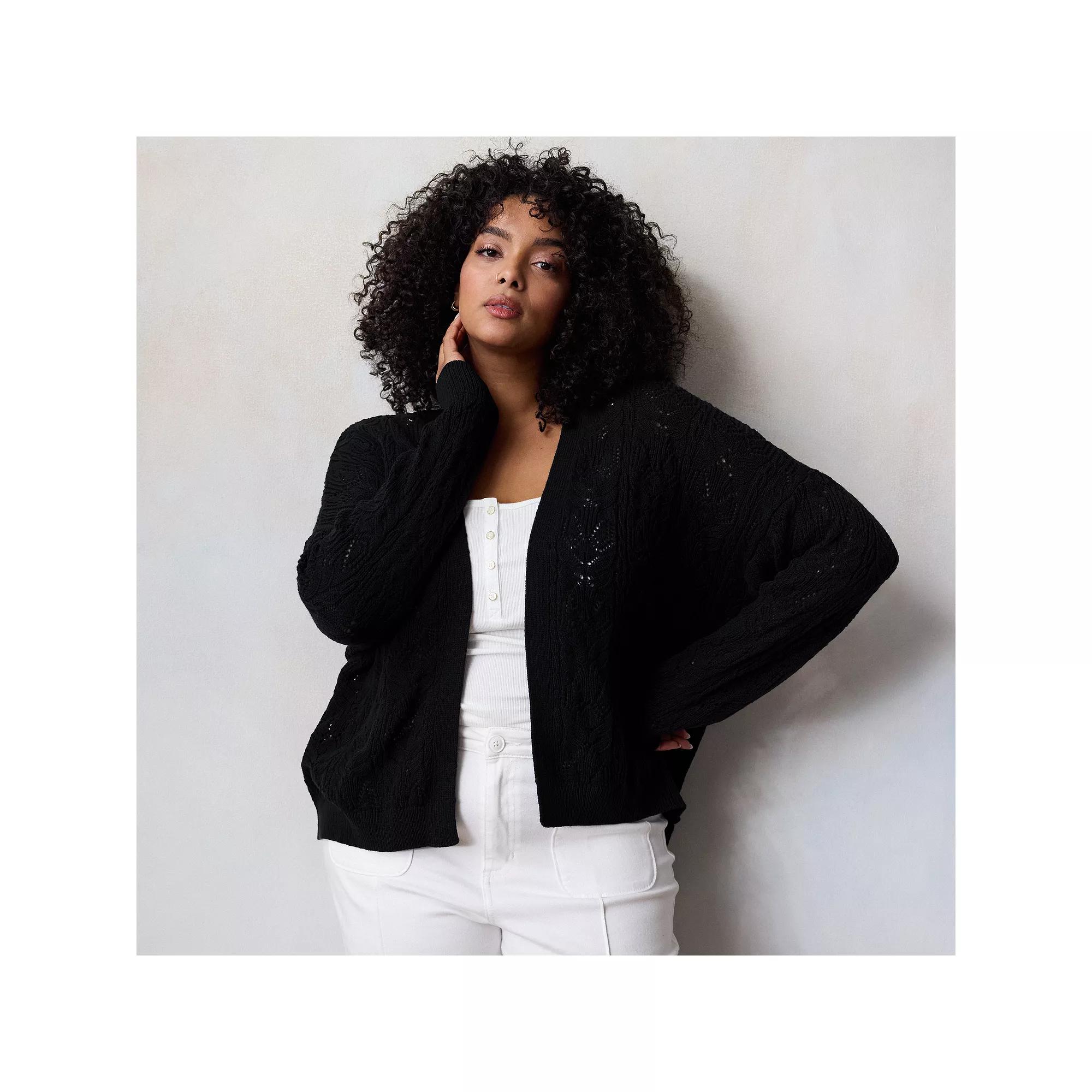 Plus Size LC Lauren Conrad Open Front Pointelle Stitch Cardigan, Women's, Size: 3XL, Black Product Image