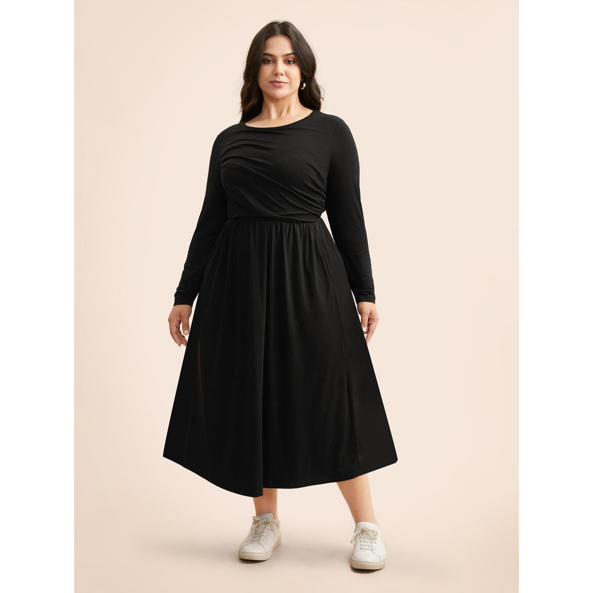 Plus Size Supersoft Essentials Boat Neck Gathered Dress Pureblack Women Casual Gathered Boat Neck Long Sleeve Curvy BloomChic 12/L Product Image