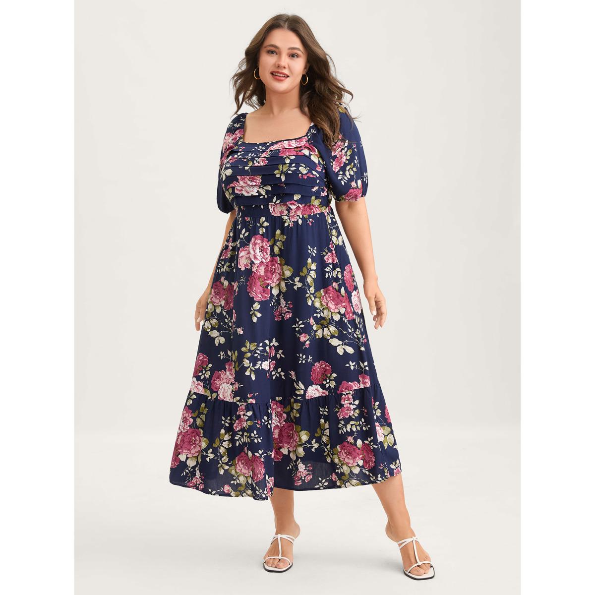 Plus Size Rosy Print Pleated Bust Ease Midi Dress Indigo Women Gathered Square Neck Short sleeve Curvy BloomChic 14-16/1X Product Image
