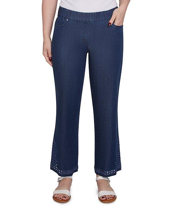 Ruby Rd. Petite Size Straight Leg Embroidered Eyelet Hem Pull-On Jeans Product Image