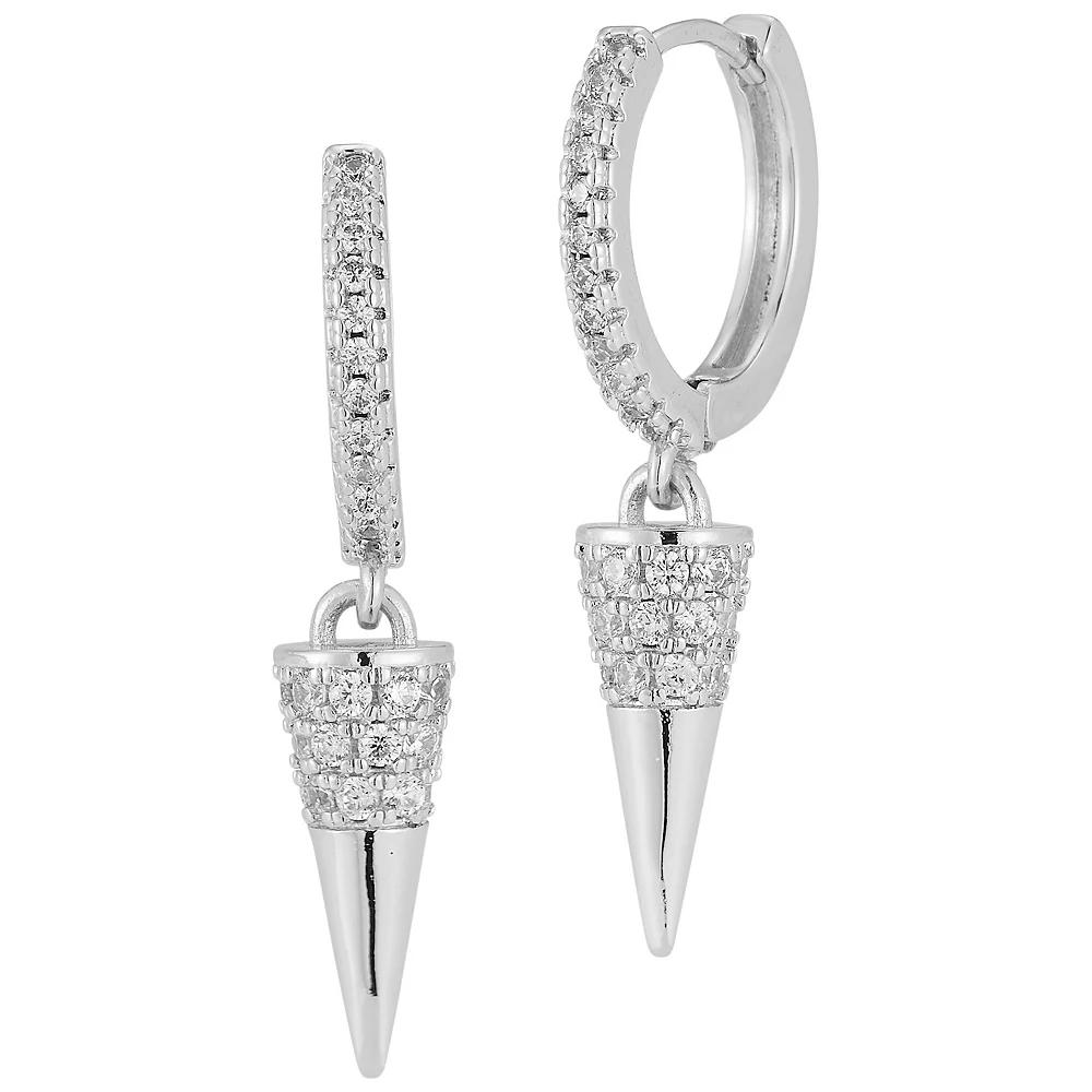 Cubic Zirconia Spike Charm Huggie Hoop Earrings, Women's, Silver Tone Product Image