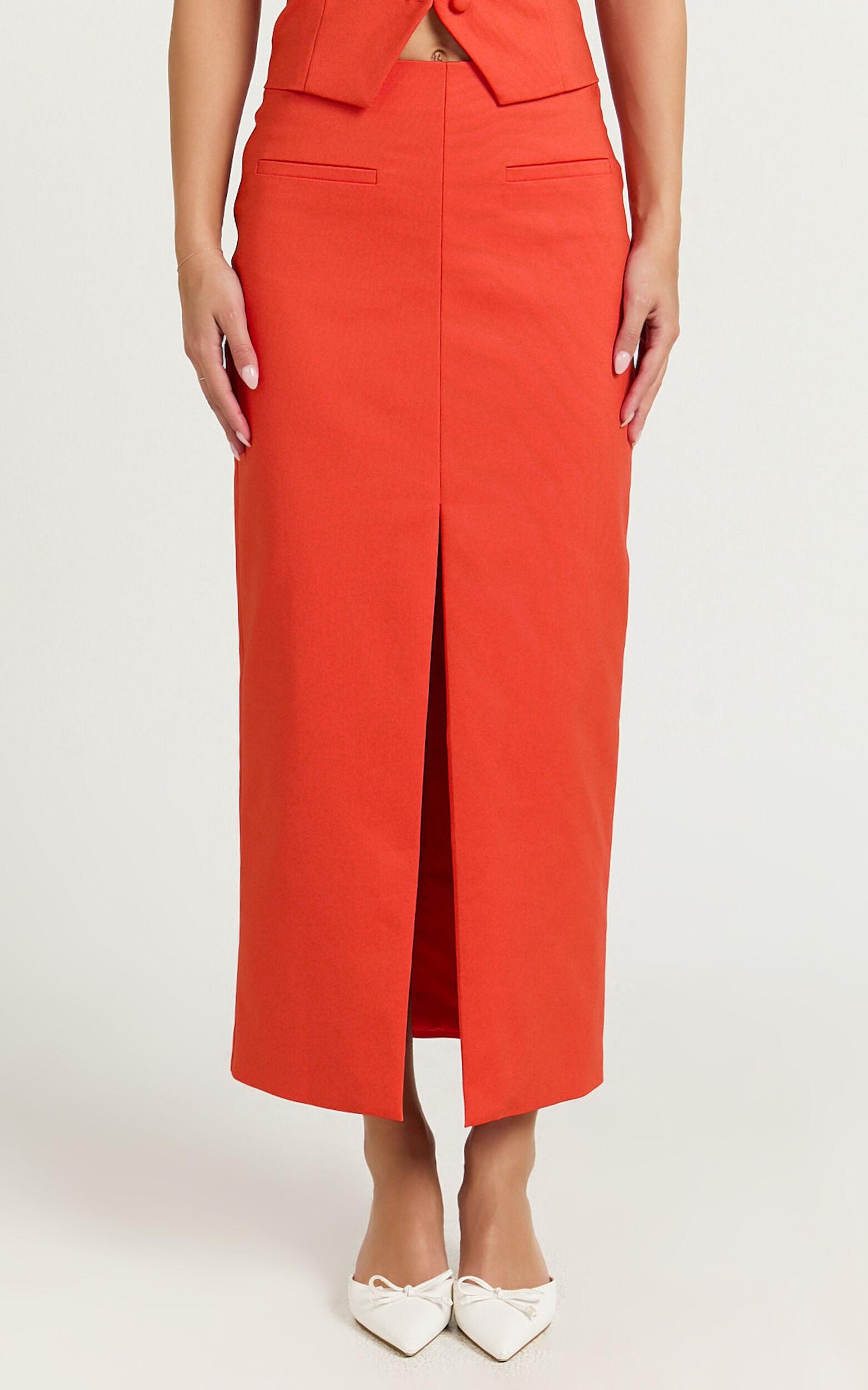 Kai Midi Skirt - Mid Waisted Front Split Fitted Skirt in Orange Product Image