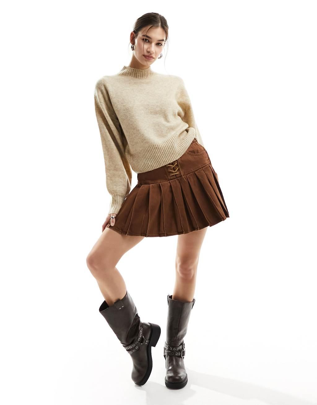 Monki knitted turtleneck sweater in beige Product Image