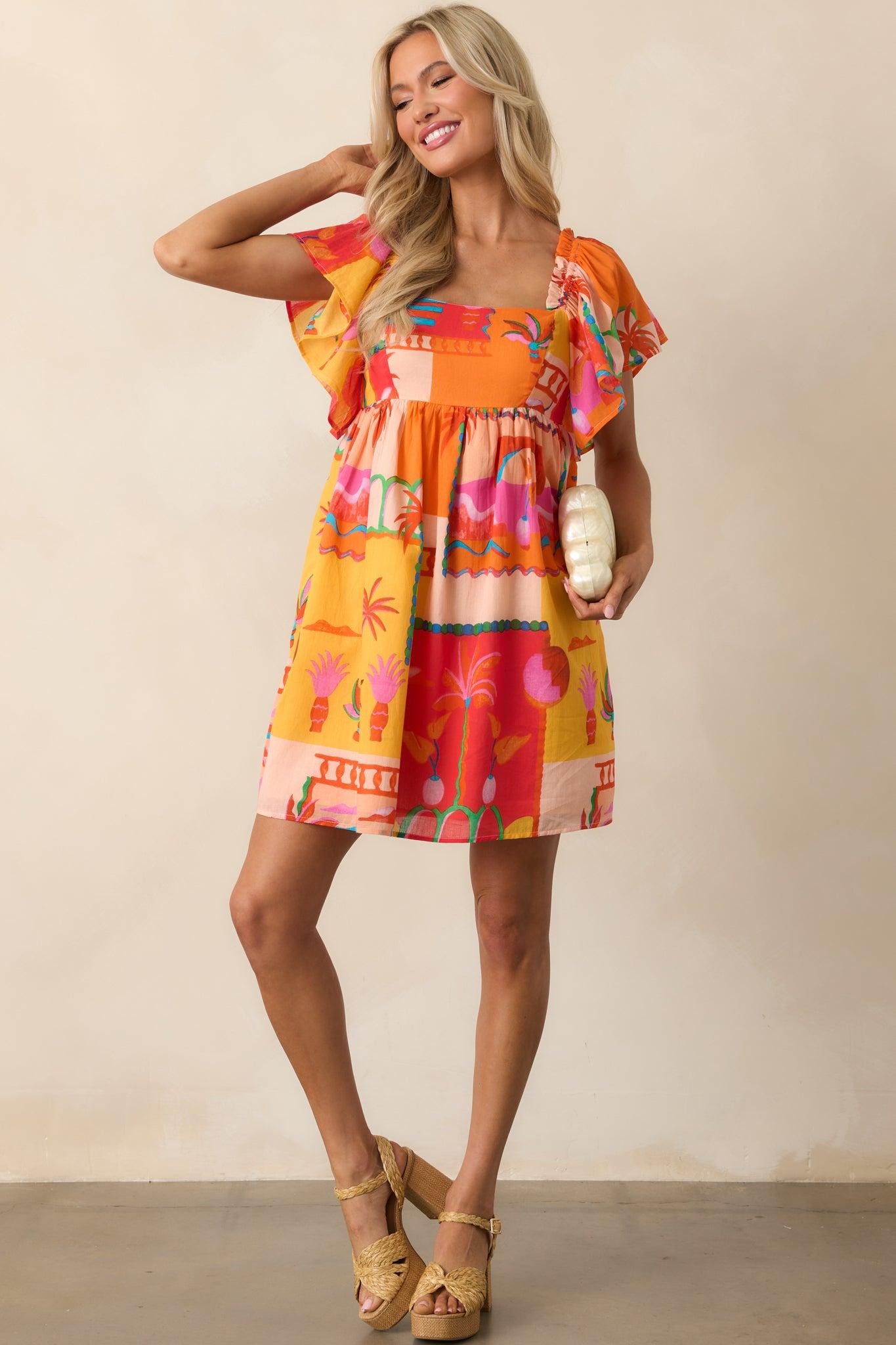 By The Shore Orange Tropical Print Cotton Mini Dress Product Image