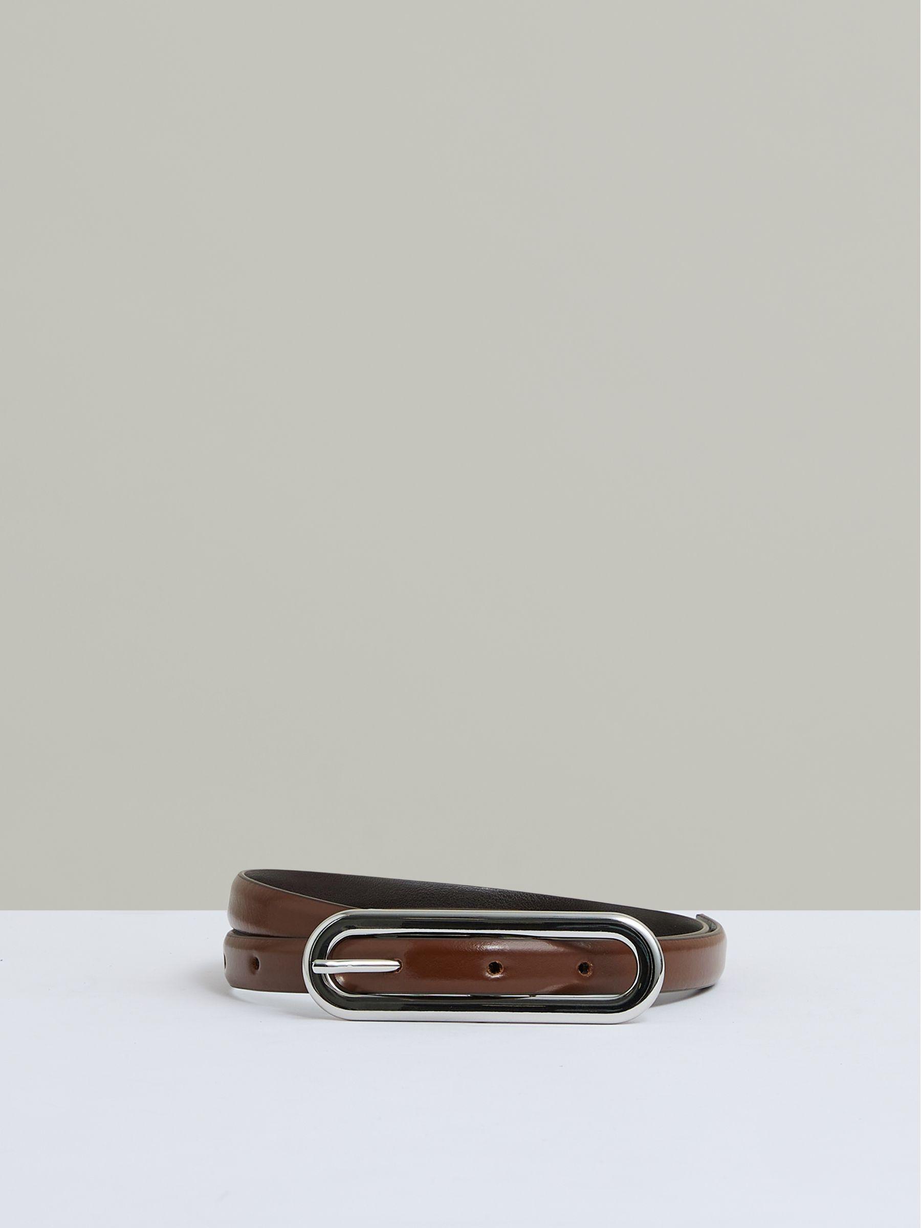 Thin Leather Elongated Buckle Belt in Tan Product Image