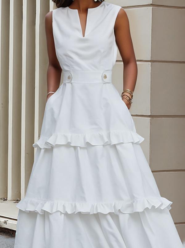 A-Line High Waisted Buttoned Pleated Pockets Solid Color Split-Joint V-Neck Maxi Dresses Product Image