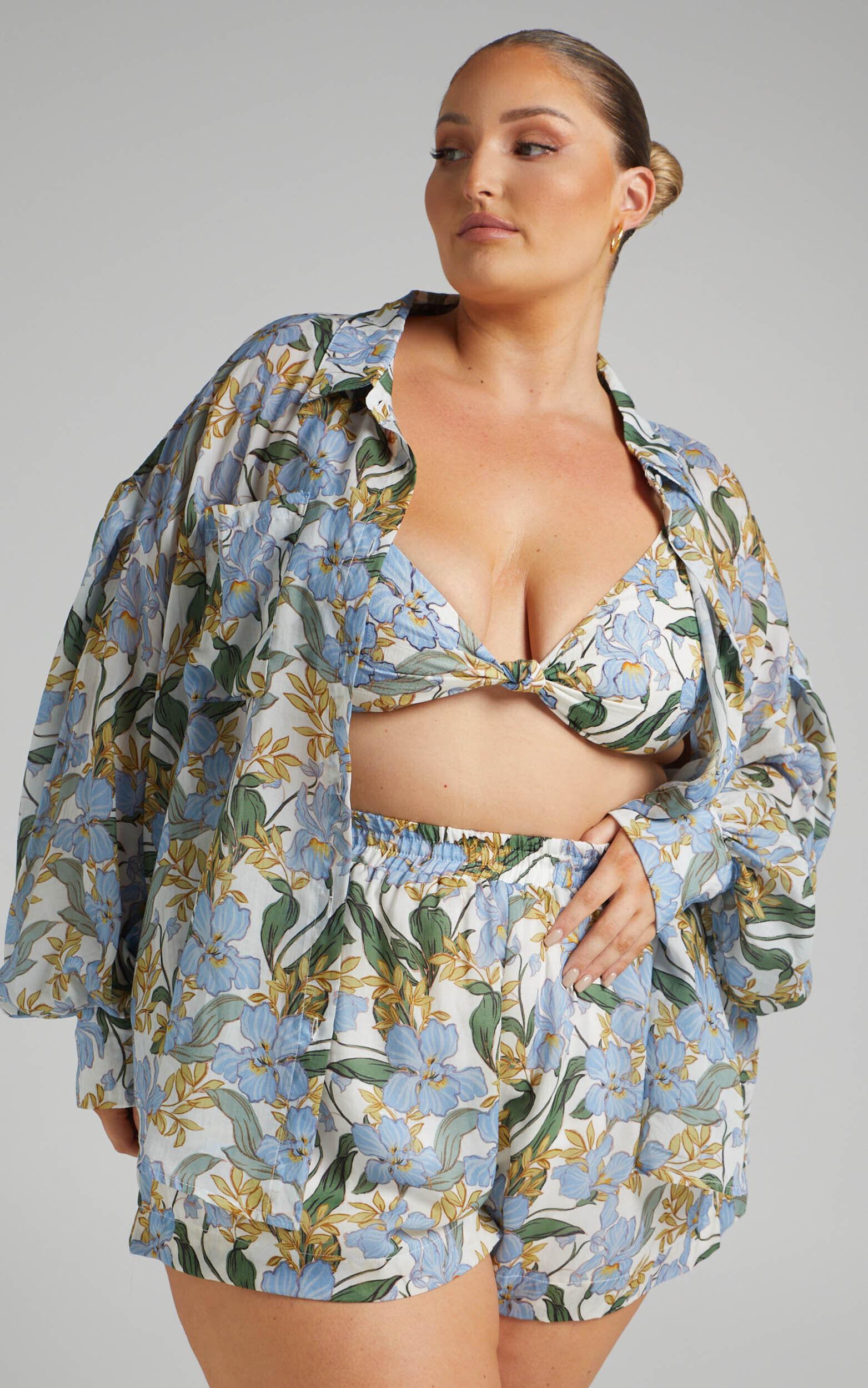 Amalie The Label - Linen Estella Elastic Waist Relaxed Shorts in Iris Floral Product Image