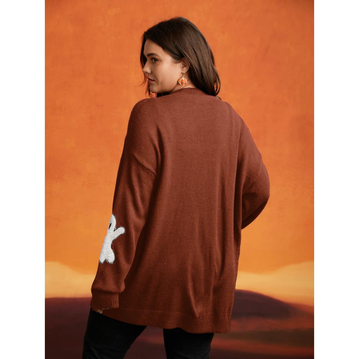 Plus Size Pumpkin Ghost Embroidery Open Cardigan ArmyGreen Women Playful Loose Long Sleeve Casual Cardigans BloomChic 10/M Product Image