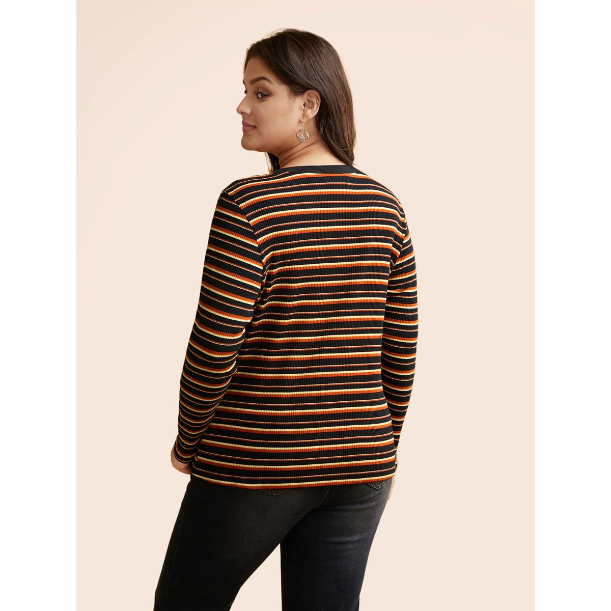Plus Size Striped Knit Crew Neck T-shirt Black Women Casual Texture V-neck Bodycon Everyday T-shirts BloomChic 30/6X Product Image