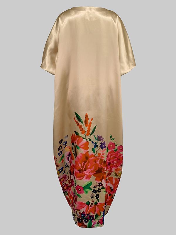 A-Line Half Sleeves Elasticity Flower Print Split-Front V-Neck Maxi Dresses Product Image