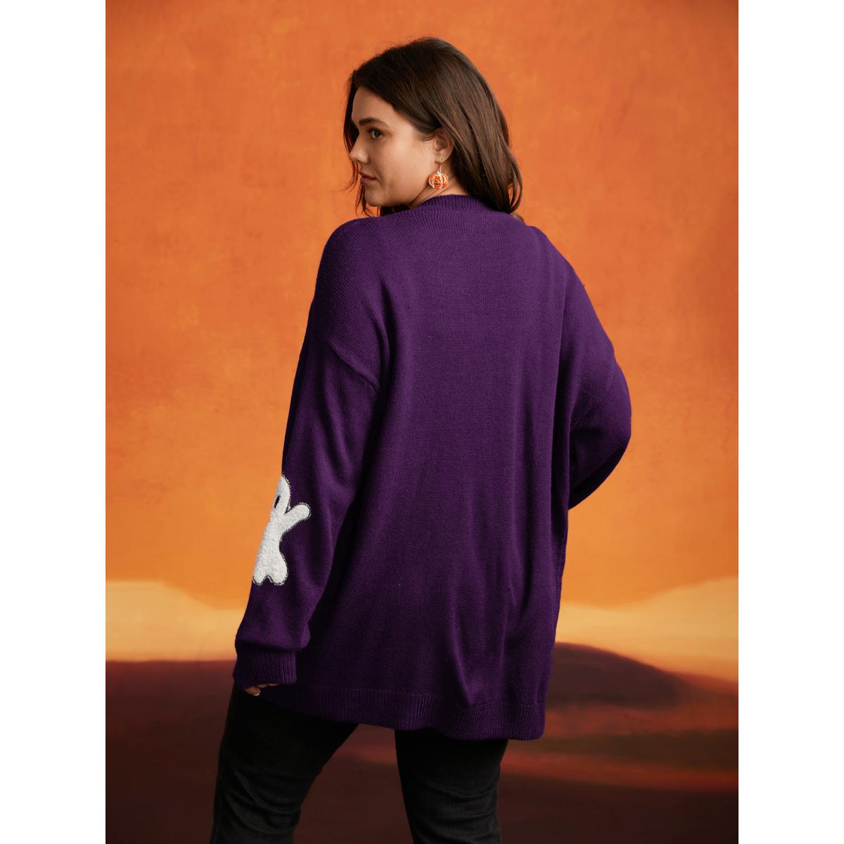 Plus Size Pumpkin Ghost Embroidery Open Cardigan Deeppurple Women Casual Loose Long Sleeve Everyday Cardigans BloomChic 30/6X Product Image