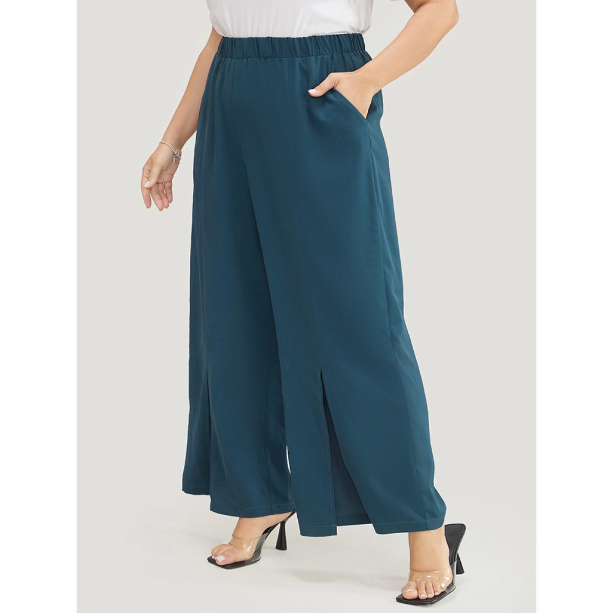 Plus Size Split Hem Elastic Waist Pocket Pants Women Cyan Office Mid Rise Office Pants BloomChic 28/5X Product Image