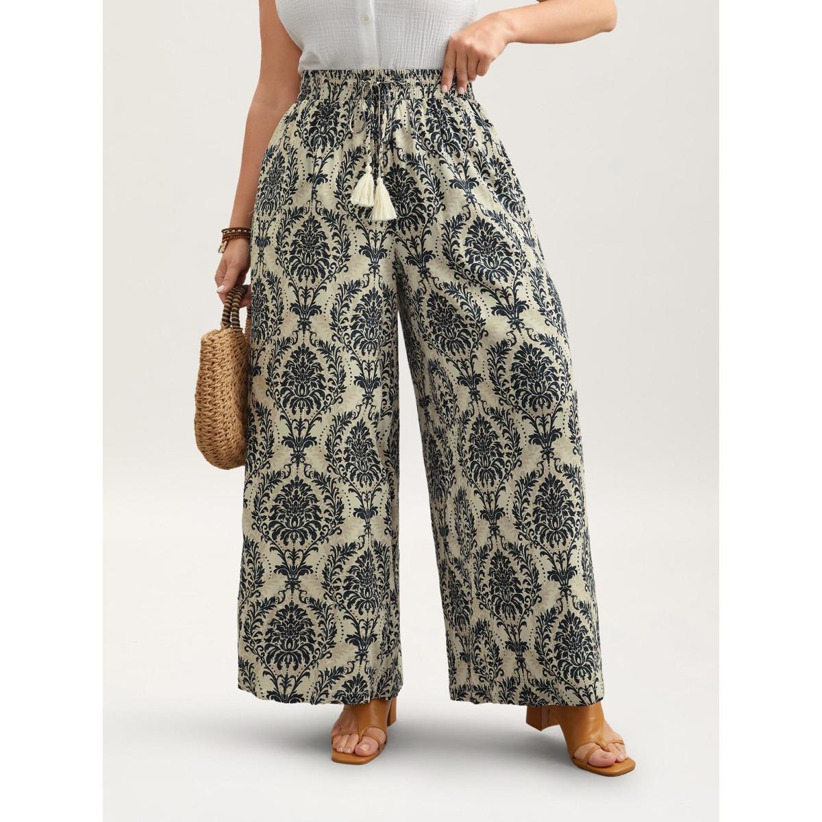 Plus Size Damask Print Tassel Straight-Leg Pants Women DarkBlue Boho Wide Leg Mid Rise Vacation Pants BloomChic 30/6X Product Image