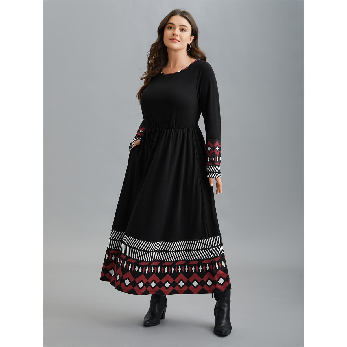 Plus Size Crew Neck Geometric Print Patchwork Dress BlackFlower Women Casual Non Knit Dresses Bloomchic 28/5X Product Image