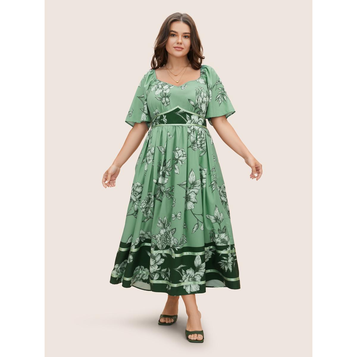 Plus Size Boho Print Heart Neckline Ruffle Sleeve Maxi Dress Emerald Women Romantic Woven ribbon&lace trim Square Neck Short sleeve Curvy BloomChic 22-24/3X Product Image