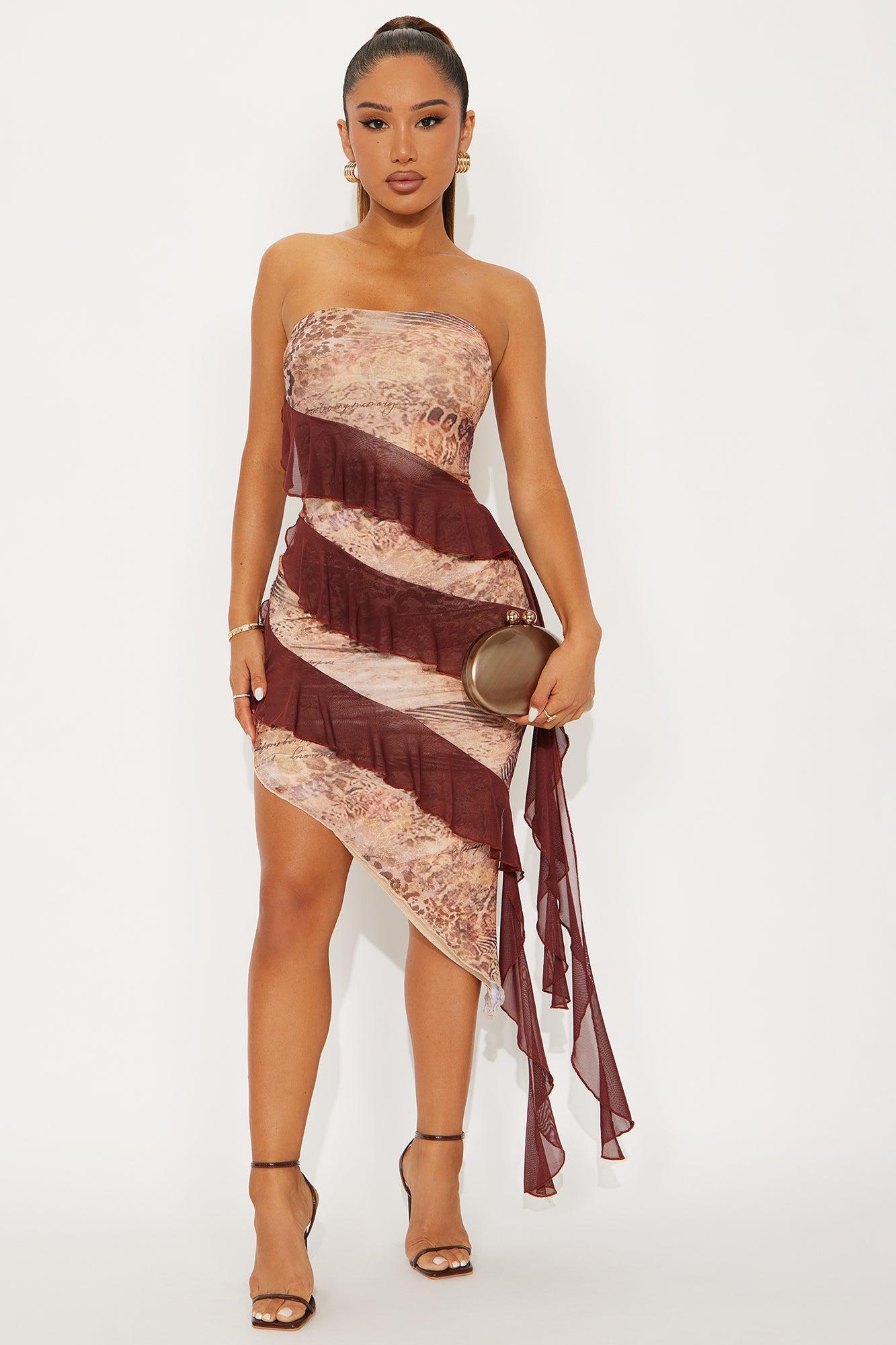 Elowyn Asymetrical Midi Dress - Brown/combo Female Product Image