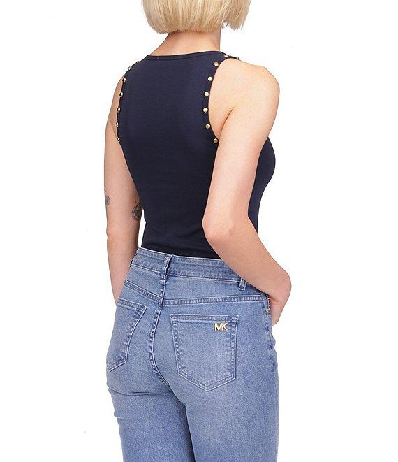 MICHAEL Michael Kors Cotton Stretch Double Knit Ribbed Scoop Neck Sleeveless Stud Tank Product Image
