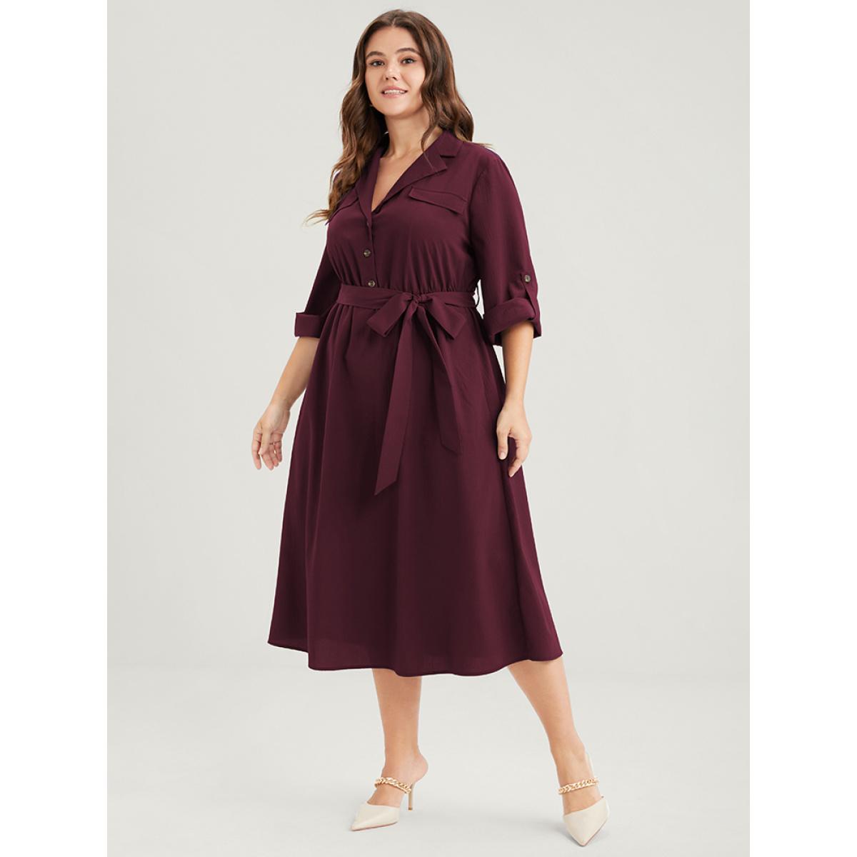 Plus Size Plain Button Cuffed Sleeve Pocket Belted Lapel Collar Dress Burgundy Women Office Belted Lapel Collar Elbow-length sleeve Curvy Midi Dress BloomChic 18-20/2X Product Image
