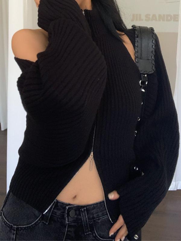 Solid Ribbed Knit Cardigan Product Image
