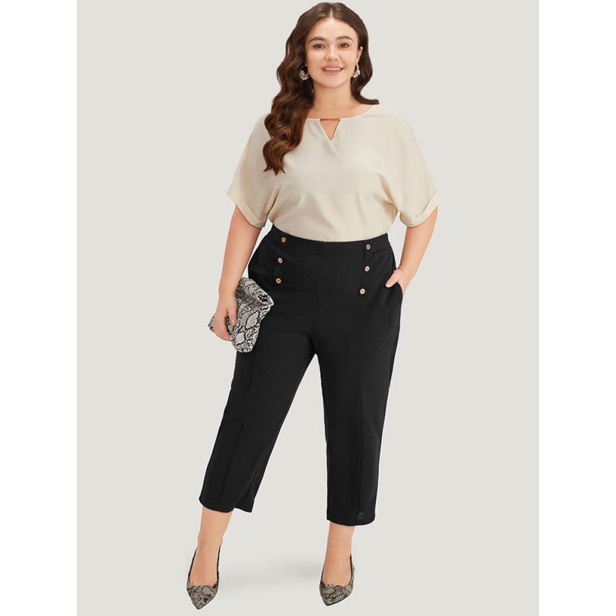 Plus Size Solid Elastic Waist Pocket Button Detail Pants Women Black Office High Rise Office Pants BloomChic 28/5X Product Image