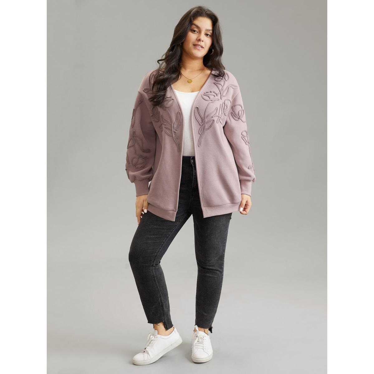 Plus Size Stereo Flower Design Rib Knit Jacket Women Rouge Texture Pocket Everyday Jackets BloomChic 18-20/2X Product Image